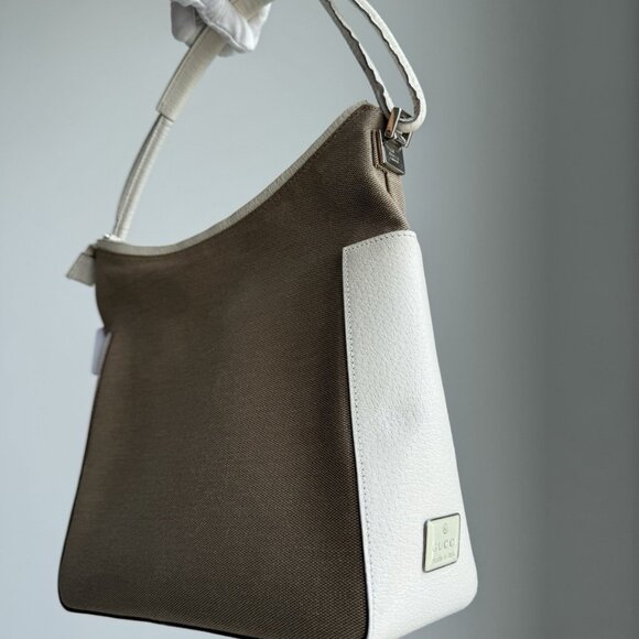 GUCCI Canvas Leather Shoulder Bag Beige Brown Hobo Style Authentic - Picture 3 of 11